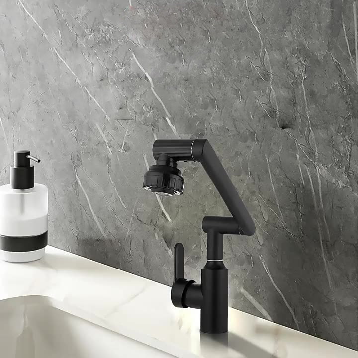 Vòi Nước Bồn Rửa Nhà Tắm Nóng Lạnh, Vòi Lavabo bằng Inox Sơn tĩnh điện Đen Xoay 1080 Độ - QM.VR067B2
