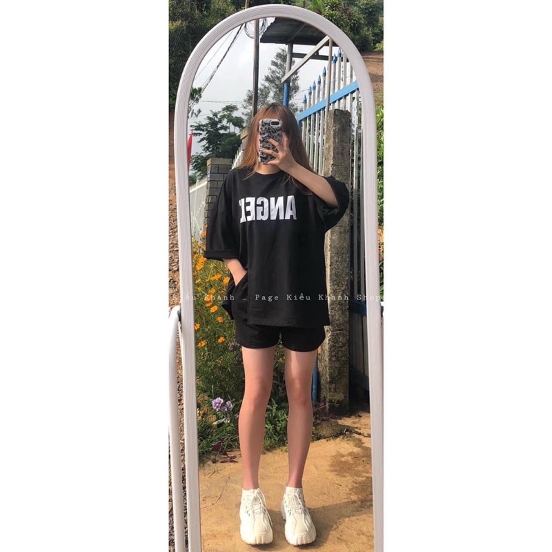 Bộ Đồ Mặc Nhà,sét đồ nữ mặc nhà ANGEL áo thun tay lỡ xẻ tà kèm quần short đùi dáng rộngt thể thao basic