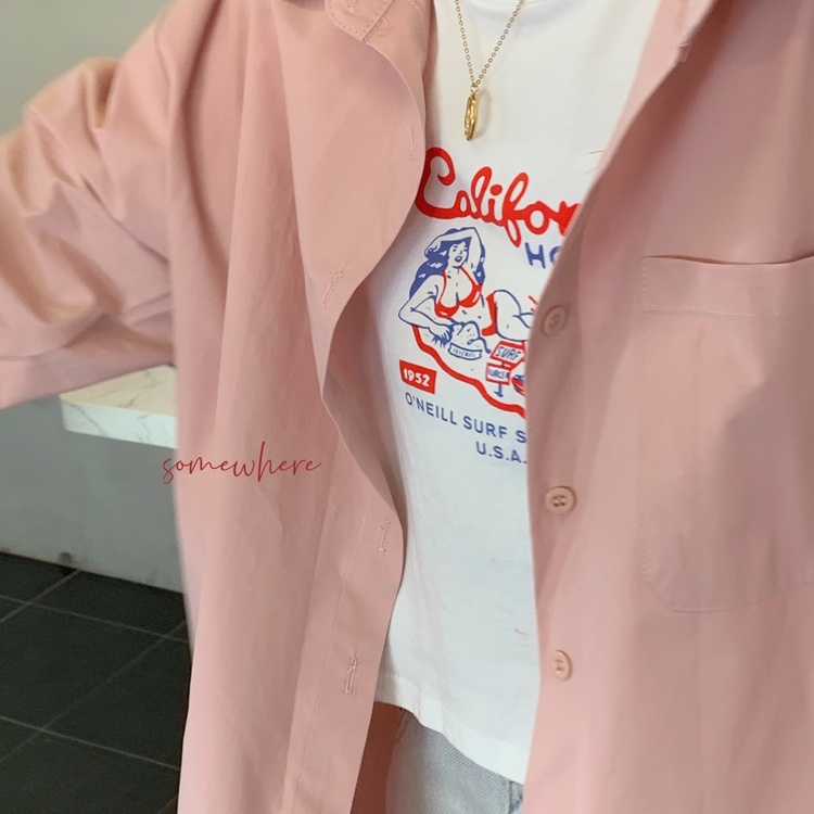 Áo sơ mi vải thô cotton trơn cổ bẻ form rộng dài trùm mông style Hàn Quốc