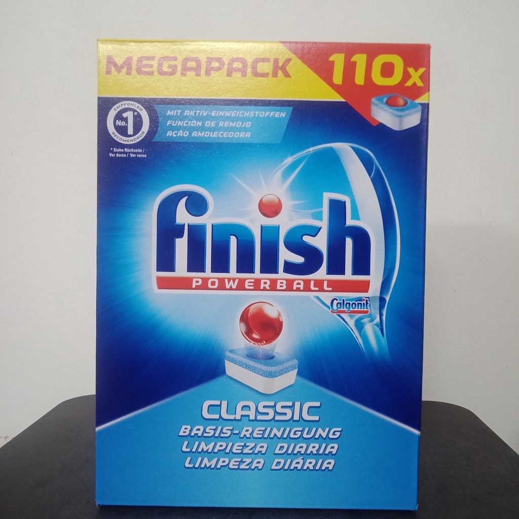 Combo rửa bát Finish: Hộp Classic 110 viên, Muối 1.2kg, Nước làm bóng 750ml - Nhập khẩu Châu Âu.