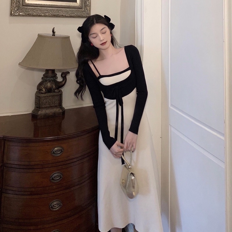 Đầm dệt kim Hàn Quốc. Đầm len tay dài