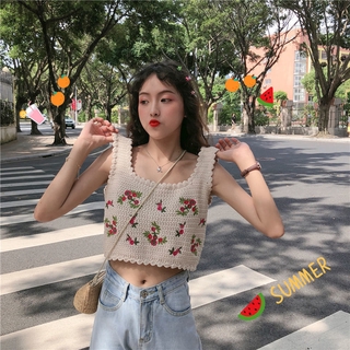 Áo yếm hai dây dệt kim nữ thêu bông hoa xinh xắn thời trang