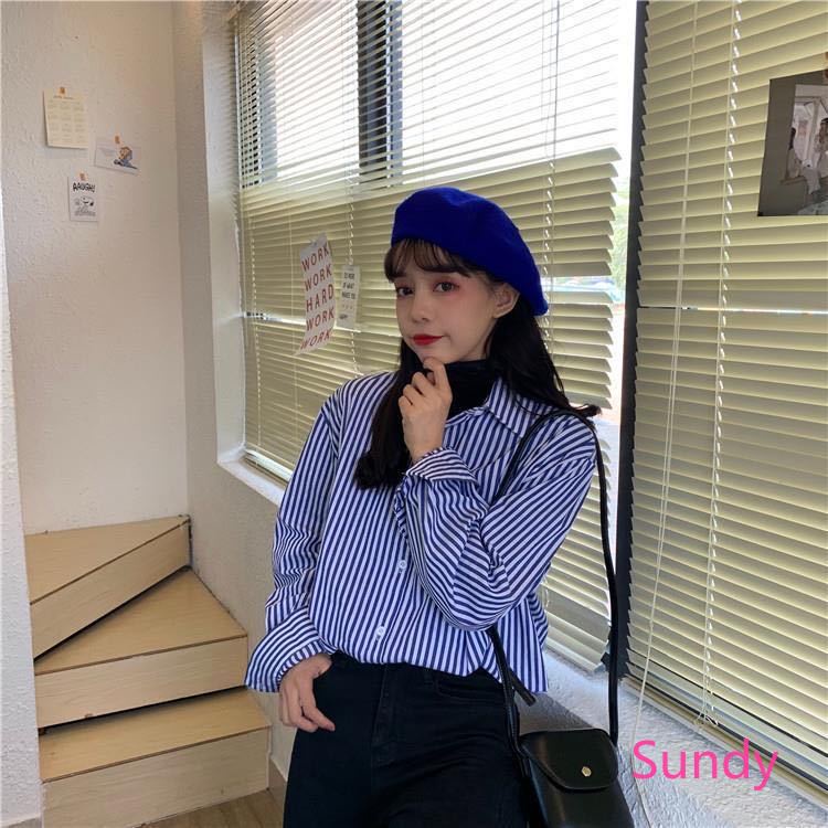 Áo Sơ Mi Cổ Polo Kẻ Sọc Kiểu Hàn Quốc Thời Trang Mùa Thu Cho Nữ