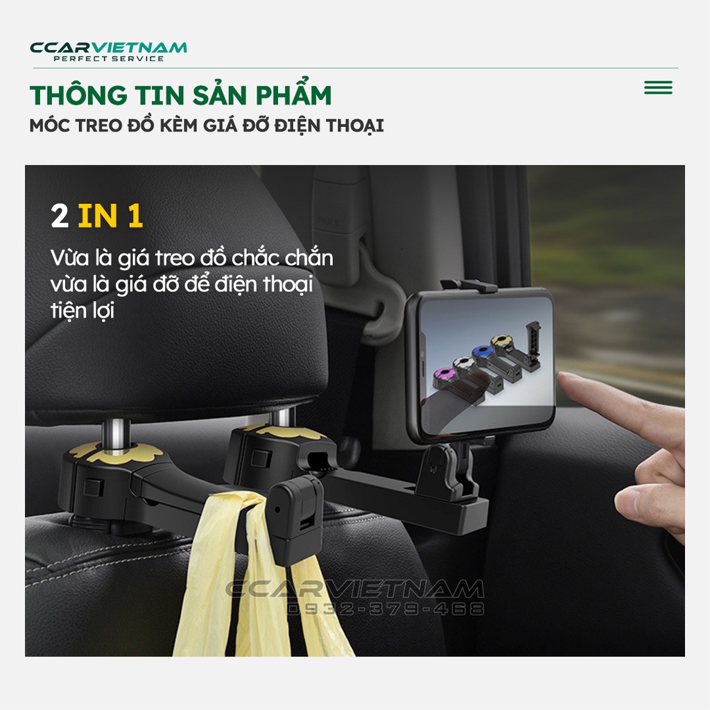Móc Treo Đồ Ô Tô Kèm Giá Đỡ Điện Thoại Kẹp Ghế Sau Cao Cấp - Móc Treo Xoay 360 Độ Đa Năng Trên Xe Hơi