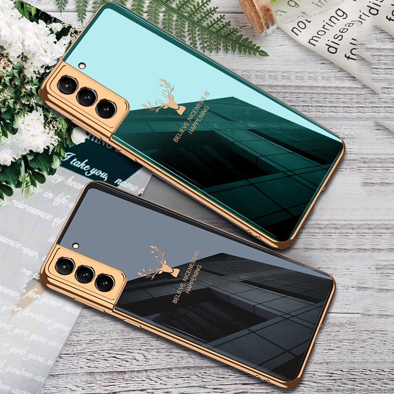 Ốp điện thoại mặt kính mạ điện in hình hươu sang trọng cho Samsung Galaxy S21 Ultra S21 Plus S21+