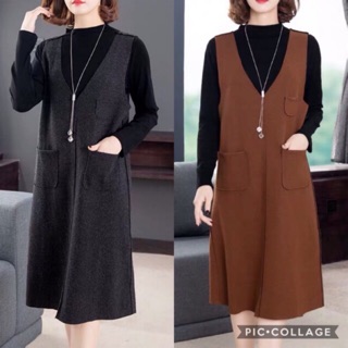Trang phục mùa đông - Set đầm yếm suông nỉ cổ V phối túi và áo phông trơn tay dài