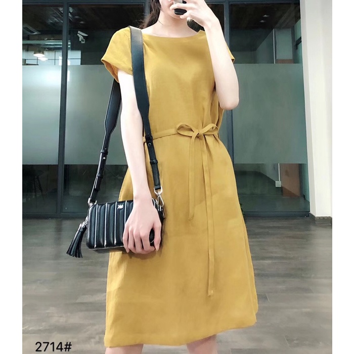 Đầm suông linen tay ngắn cổ tròn kèm đai rời, chất linen mềm mát, thời trang style Hàn