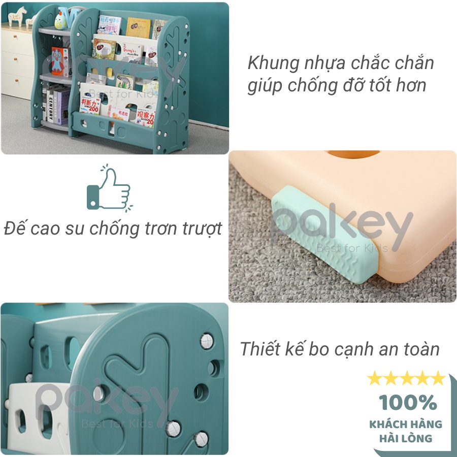 Giá sách bằng nhựa kèm kệ đồ chơi cao cấp, thương hiệu Pakey, hàng nhập khẩu dày dặn