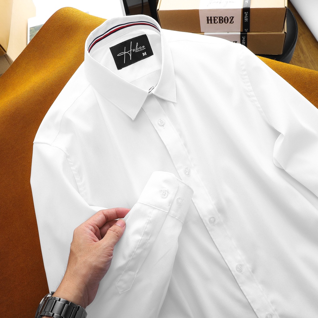 Sơ mi nam tay dài HEBOZ màu trắng trơn, chất vải sợi gân sọc dọc mang thoải mái, lên dáng thanh lịch 03 - 00001081