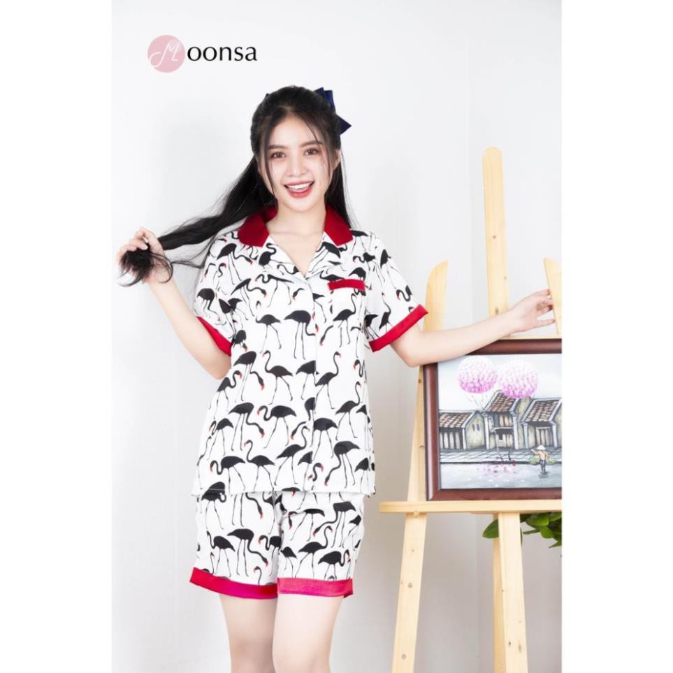 [Mã WARN60 hoàn 15% xu đơn 300k] Bộ pijama Lụa hàn siêu mềm Họa Tiết Hạc Đen [Moonsa] | BigBuy360 - bigbuy360.vn
