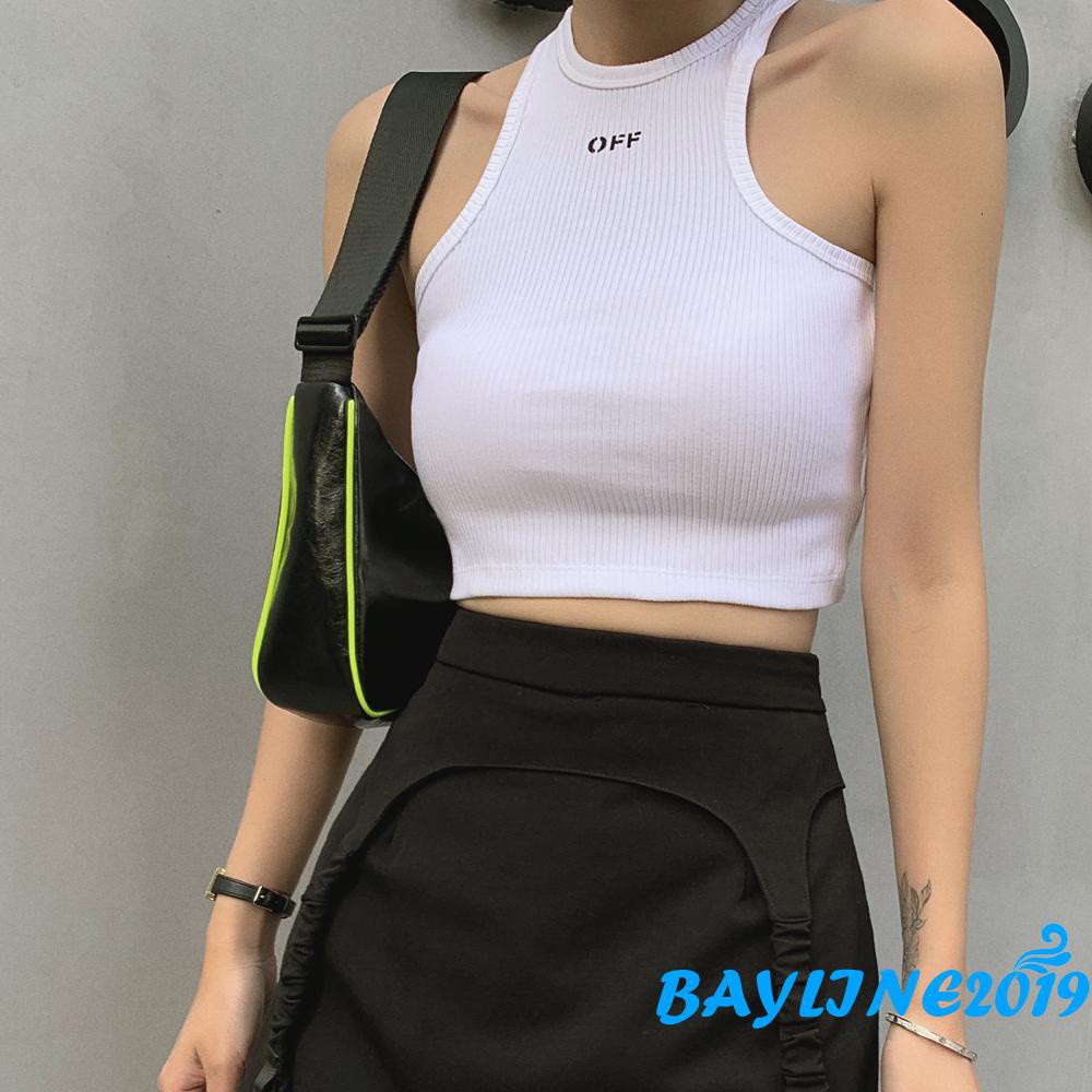 Áo lửng không tay cổ tròn in chữ phong cách sành điệu cho nữ