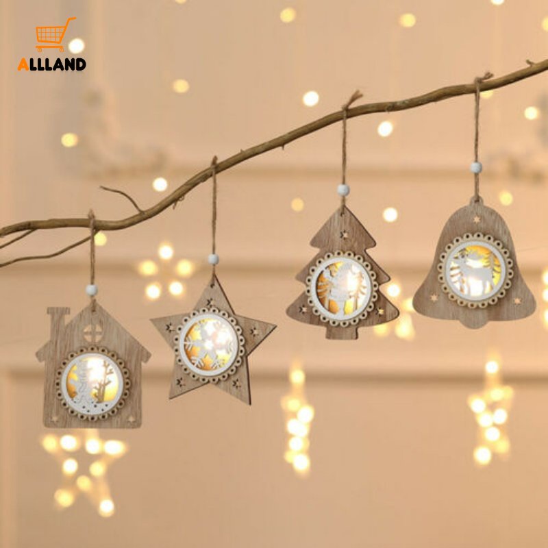 Phụ Kiện Treo Trang Trí Cây Thông Hình Ông Già Noel Tuần Lộc / Bông Tuyết Bằng Gỗ Có Đèn LED