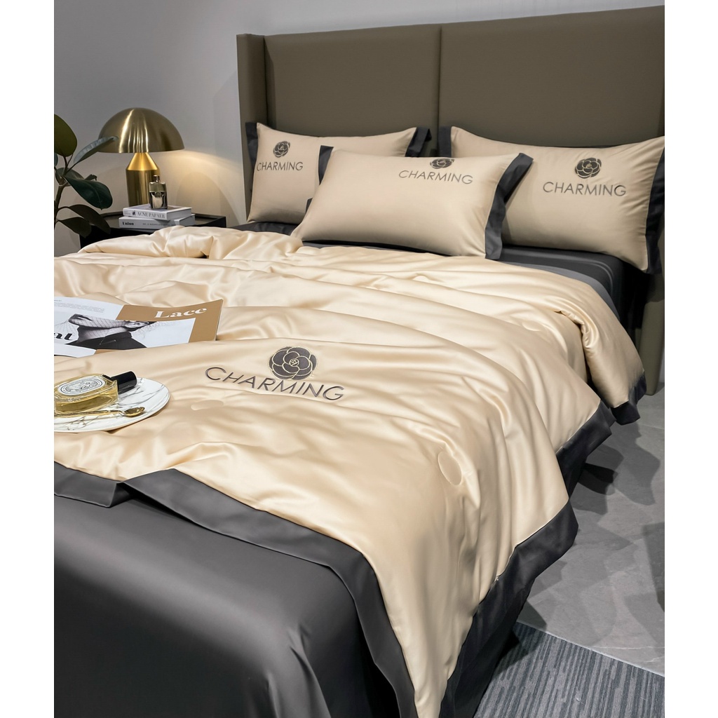 Bộ chăn ga gối lụa CHARMING chăn trần bông mẫu mới 2023, Bộ ga giường vỏ gối siêu mềm mịn mát lạnh SHOP quốc bảo