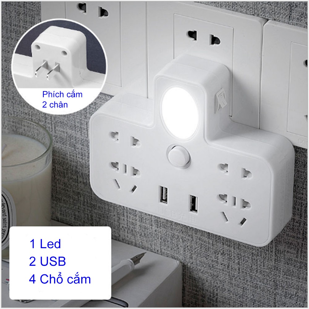 Ổ cắm 2 chân 2 usb led 4 chổ cắm công tắc - Phích chuyển đổi sạc thông minh