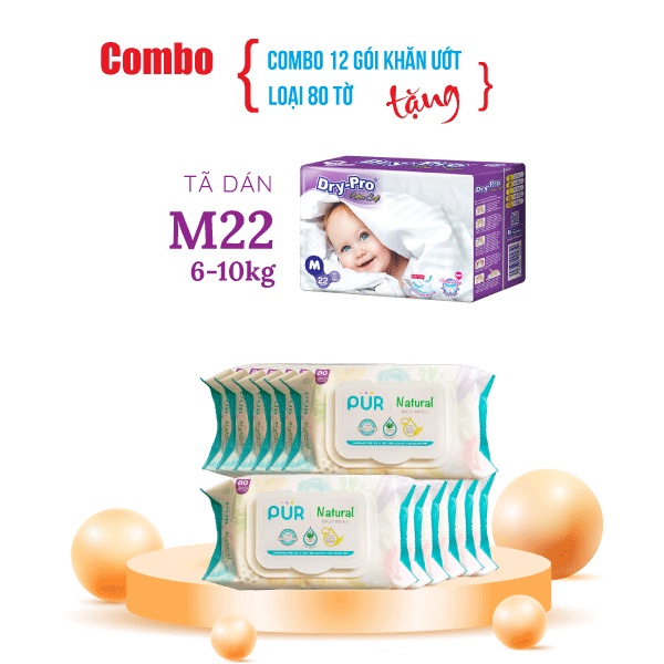 Combo 12 gói khăn giấy ướt Pur thành phần tự nhiên + Tặng 1 gói tã bỉm cho bé