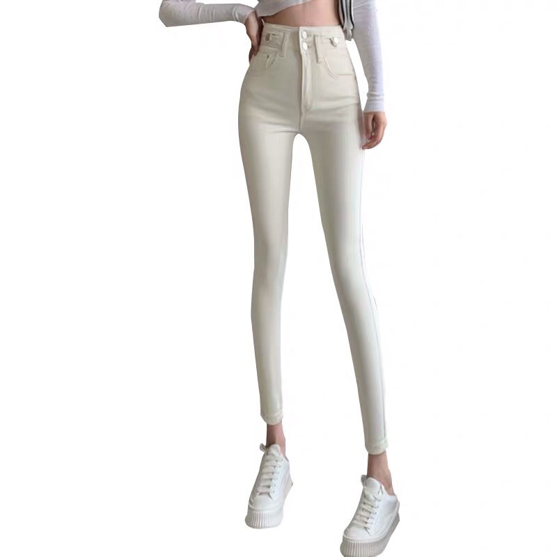 Quần jeans skiny ôm sát màu trắng kem lưng cao cho nữ