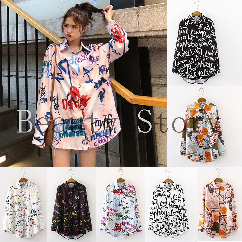 Áo sơ mi tay dài/tay ngắn in chữ phong cách graffiti thời trang Hàn Quốc và mũ thời trang (bán riêng)