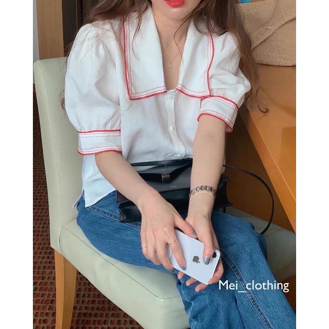 [Ảnh thật/video] Áo sơmi cộc tay thiết kế tay bồng viền màu lạ mắt