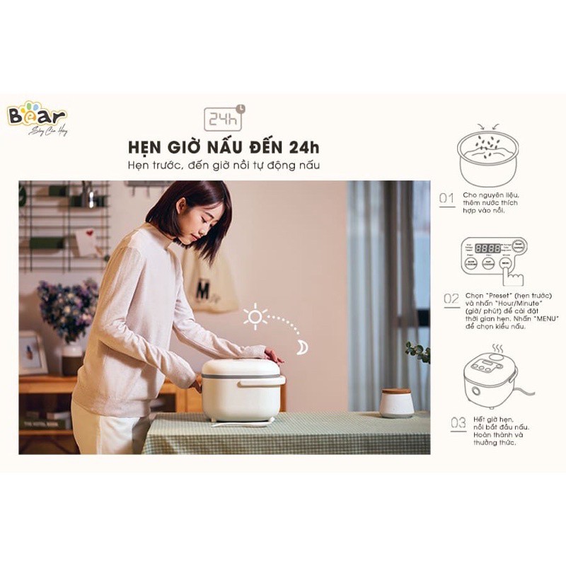 Nồi cơm điện thông minh Bear DFB-B20A1  8 chế độ nấu - Lõi nồi 5 lớp chống dính - Dung tích 2L - Công suất 350W