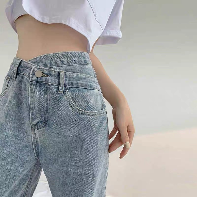 [Ảnh thật/Video] Quần bò jeans cạp khuy lệch ống suông Quần Ống Rộng Nữ 1 Cúc Cạp Chéo Ulzzang