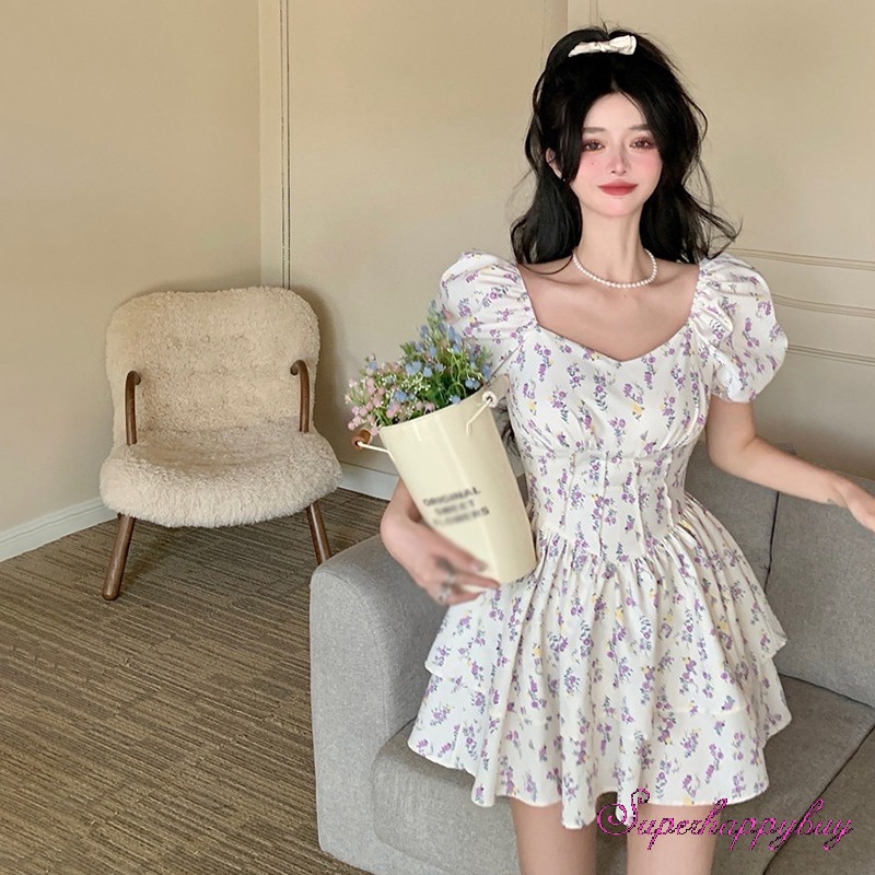 Đầm Tay Ngắn Phồng Cổ Vuông Dáng Ôm In Hoa Thời Trang Xinh Xắn Cho Nữ