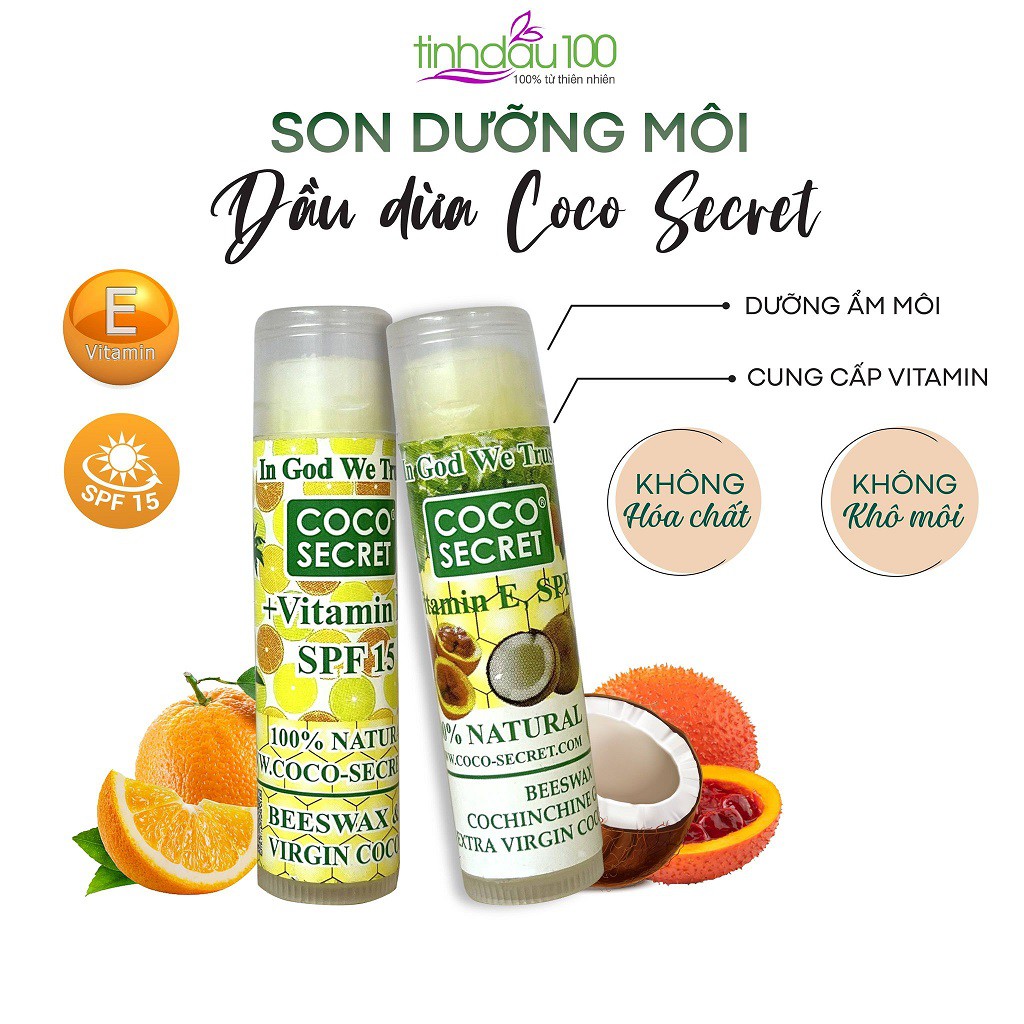 Son dưỡng môi Dầu dừa Coco-Secret với mật ong, Vitamin E, SPF 15 dưỡng môi mềm mịn, tránh khô nẻ Tinh Dầu 100 Shop