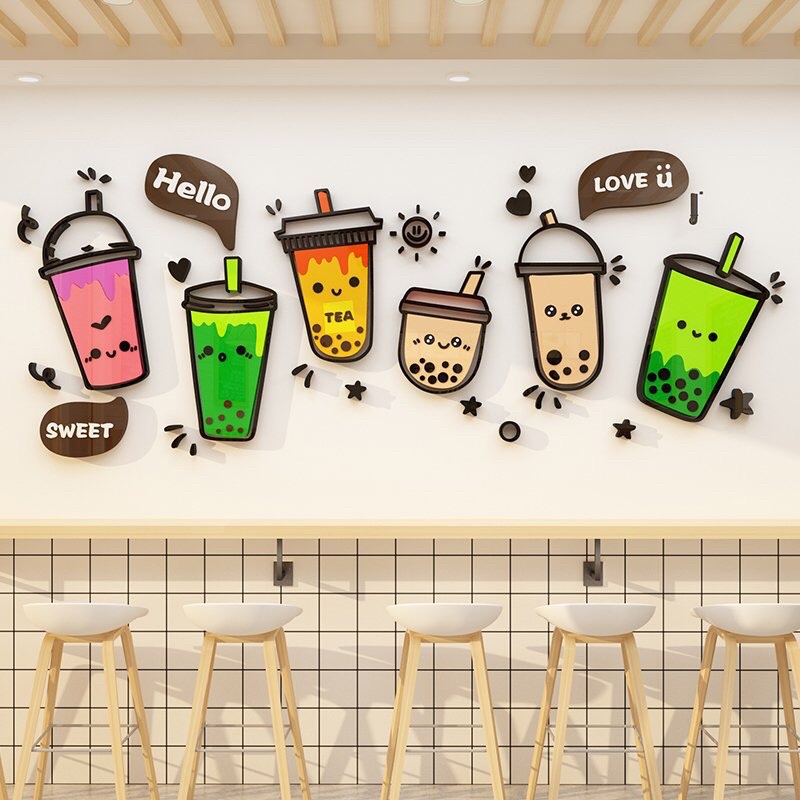 Tranh dán tường mica cao cấp dán nổi - bộ 6 ly trà sữa trang trí quán cafe, trà sữa, quán ăn vặt, ăn nhanh | BigBuy360 - bigbuy360.vn