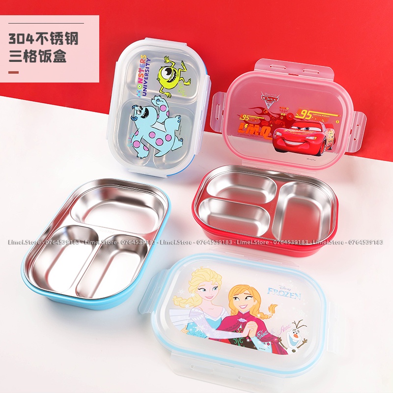 Hộp cơm , khay cơm ăn nhiều ngăn inox hình Frozen Car Mickey Minnie hàng xịn Disney