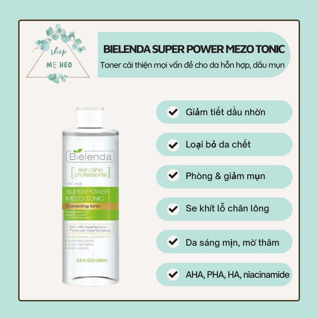 Toner cho da dầu mụn Bielenda Super Power Mezo làm sạch da, se khít lỗ chân lông, ngừa mụn, mờ thâm 200ml