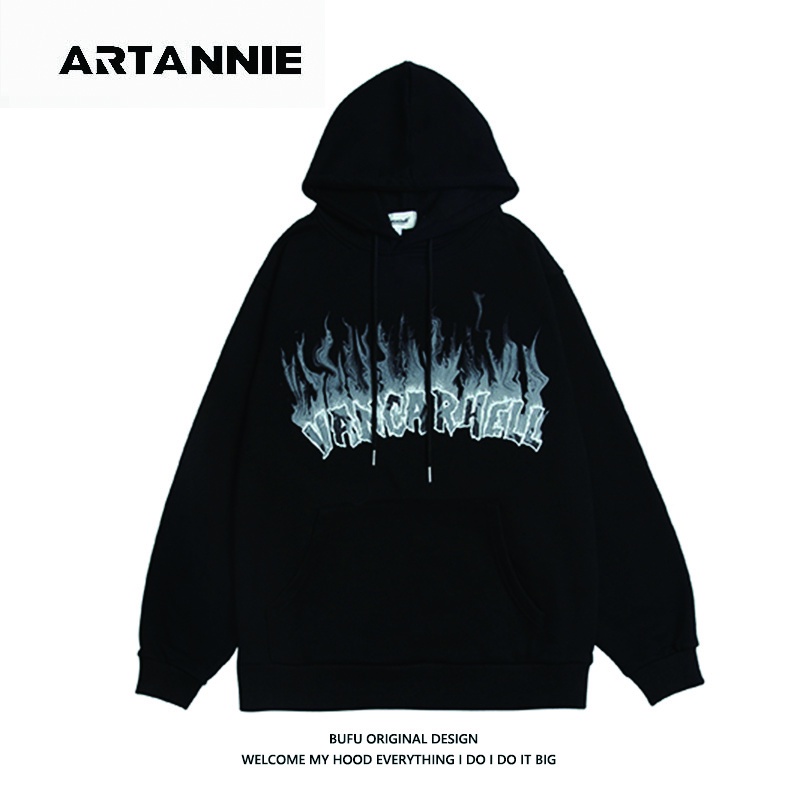 ARTANNIE Ready Stock- Áo khoác nữ mùa thu Plus nhung Phong cách giản dị Hip Hop Flame Letter Couple Hoodie | BigBuy360 - bigbuy360.vn
