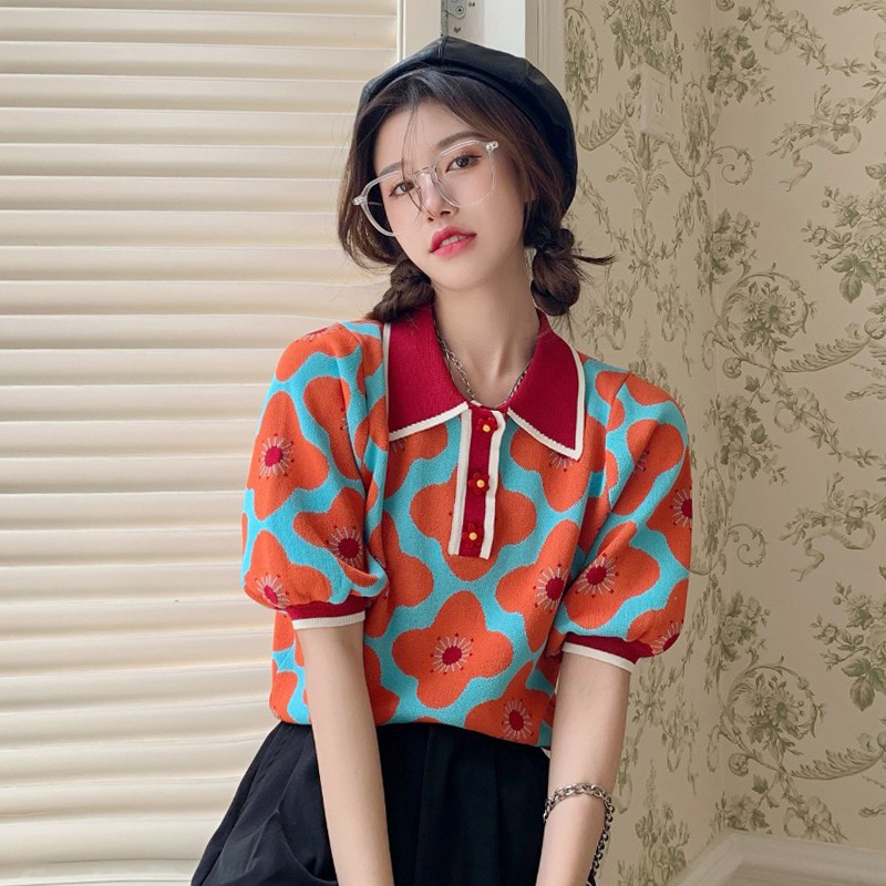 Áo kiểu dệt kim tay phồng cổ polo in họa tiết hoa màu sắc tương phản phong cách retro thời trang mùa hè xinh xắn | BigBuy360 - bigbuy360.vn