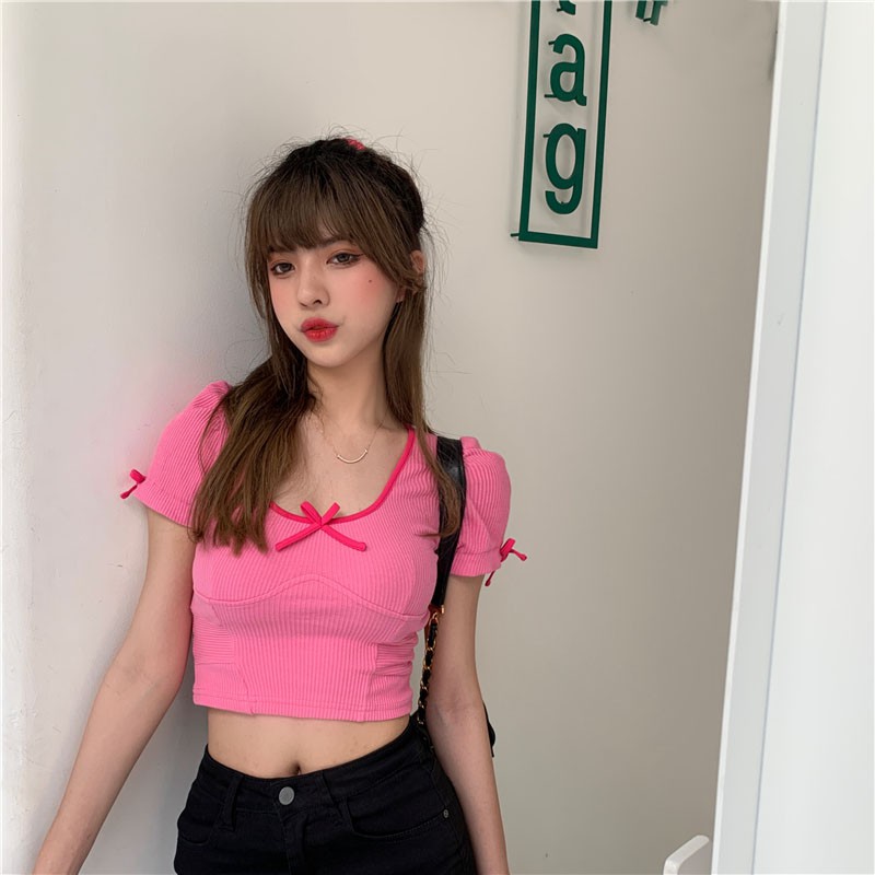 Áo Croptop Ngắn Tay Cổ Chữ U Phối Nơ Cá Tính Dành Cho Nữ