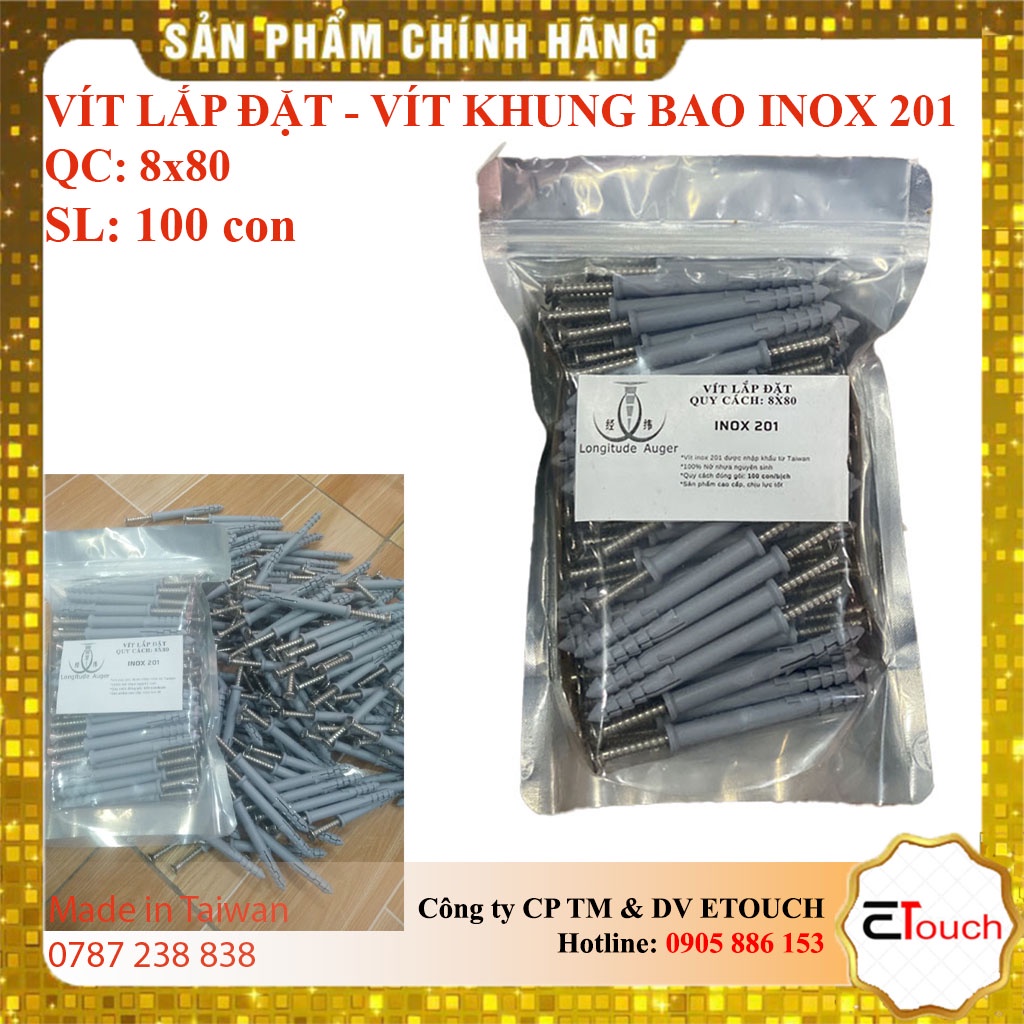Vít lắp đặt inox, vít bắt mặt dựng, vít lắp đặt cửa nhôm, quy cách 8x80 Inox 201 - Nở nhựa xám - Bịch 100 con
