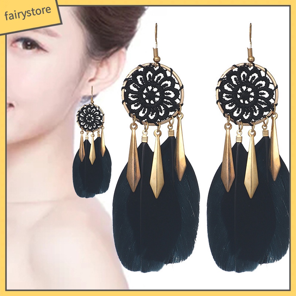 1 Đôi Bông Tai Hình Dreamcatcher Đính Lông Vũ Tua Rua Phong Cách Bohemian Dành Cho Nữ