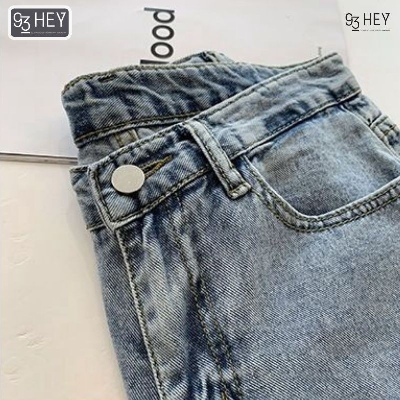 Quần Jean Nữ Rách Gối Cạp Cao Dáng Baggy Màu Xanh Phong Cách Hàn Quốc 93HEY QJ02