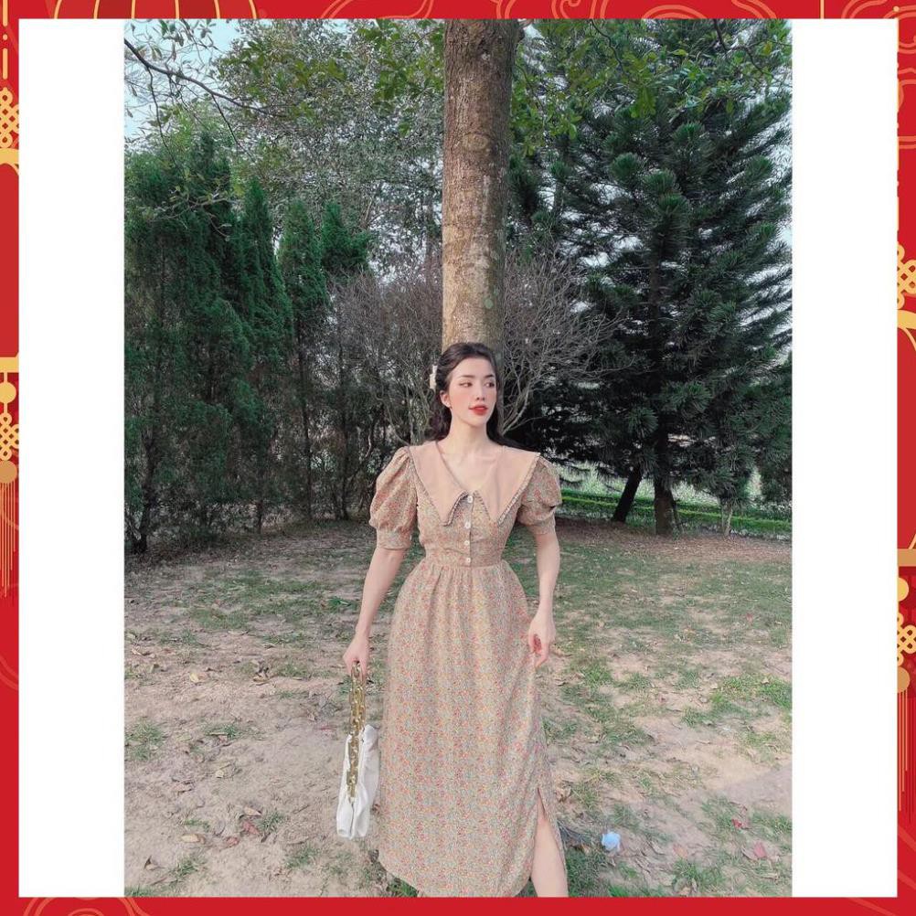 Đầm Nữ, Váy Hoa Nhí Phối Cổ Dáng Dài Chất Lụa Tơ Cao Cấp Hàng QC Loại 1