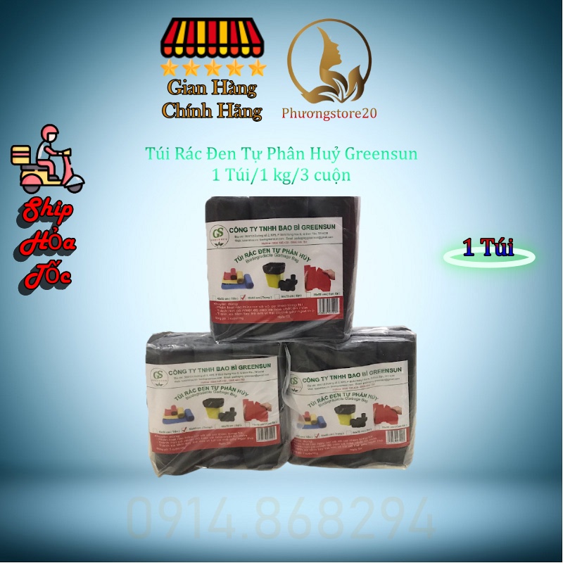 Túi Rác Tự Phân Hủy, Túi Đựng Rác Sinh Học GREENSUN, Đủ Size Tiểu - Trung - Đại. 3 Cuộn 1 Ký