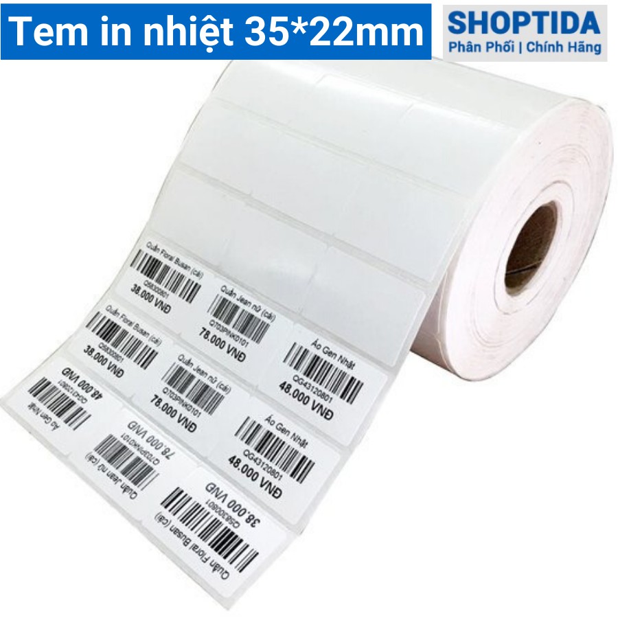 Tem in nhiệt Shoptida loại 3600 tem 35*22mm in minicode, barcode, 3 tem 1 hàng, sử dụng cho máy in nhiệt Shoptida SP4