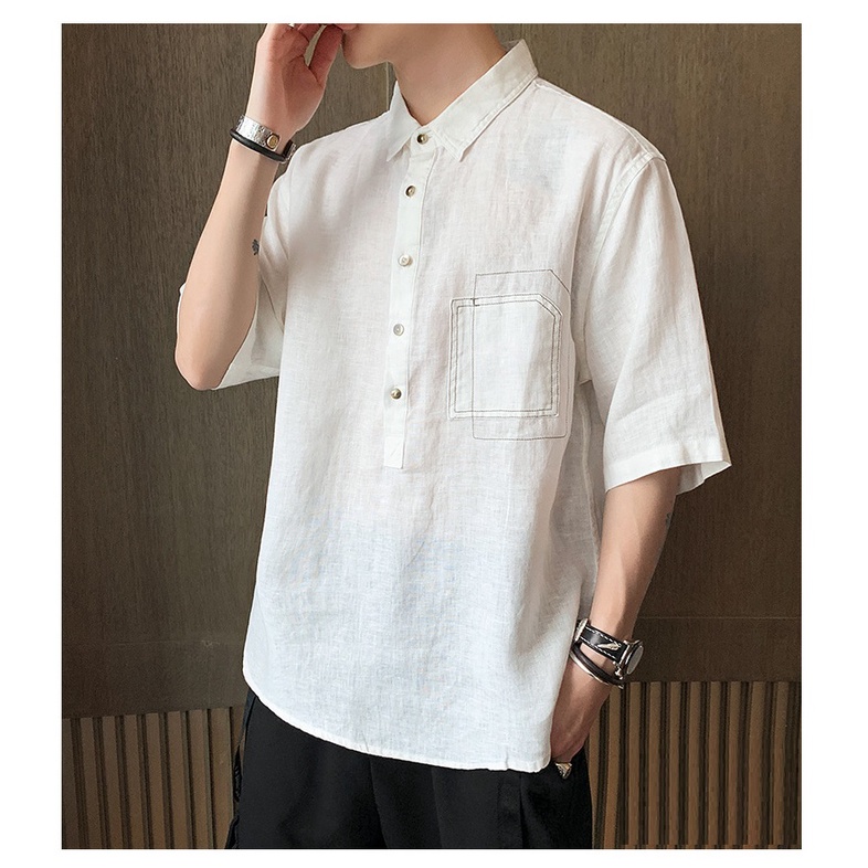 Áo sơ mi nam chất đũi cổ đức chui đầu túi chạy chỉ bò, thời trang hè thu 2022