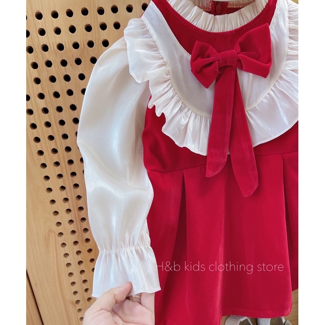 váy Nhung đỏ phối von tơ cho bé