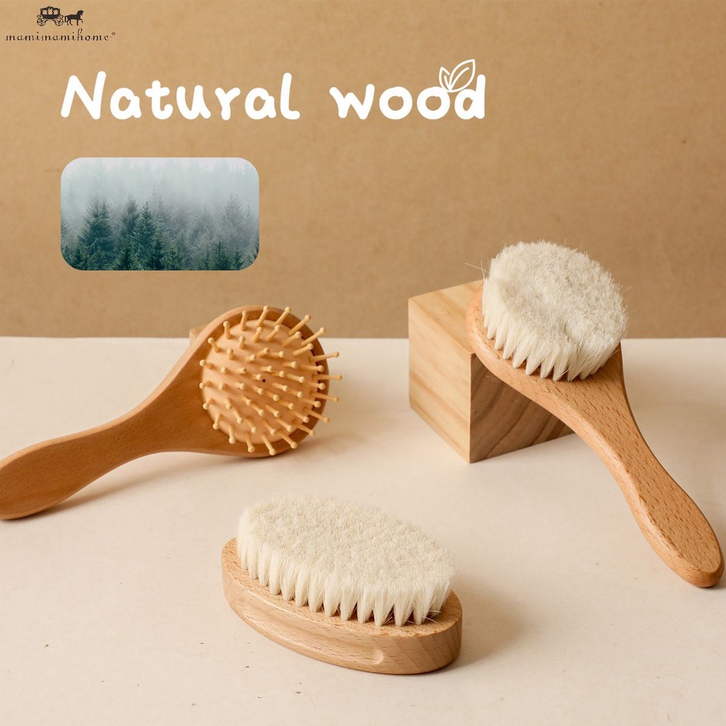Bàn chải Mamimamihome chất liệu mềm cán gỗ hỗ trợ mát xa chăm sóc da đầu khi tắm cho bé sơ sinh