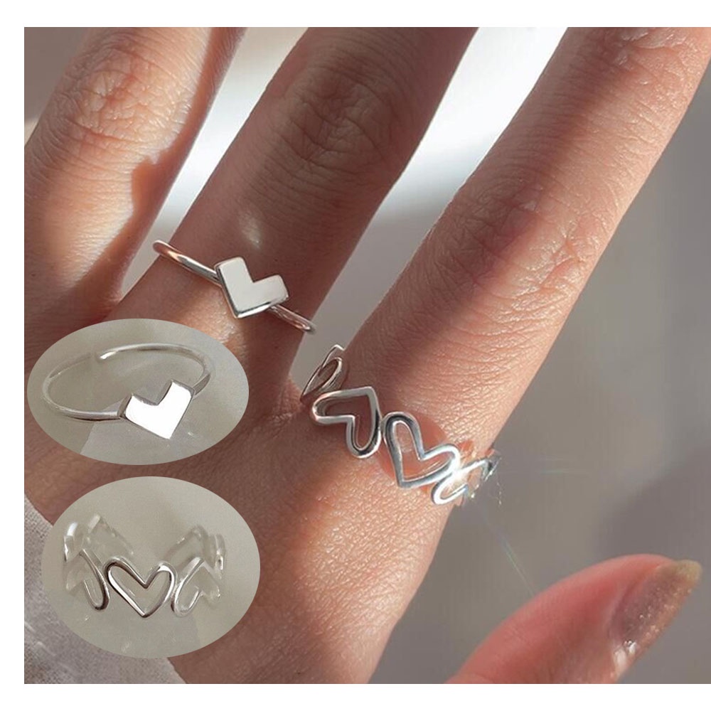 Set 2 nhẫn hở phối mặt trái tim đơn giản thời trang