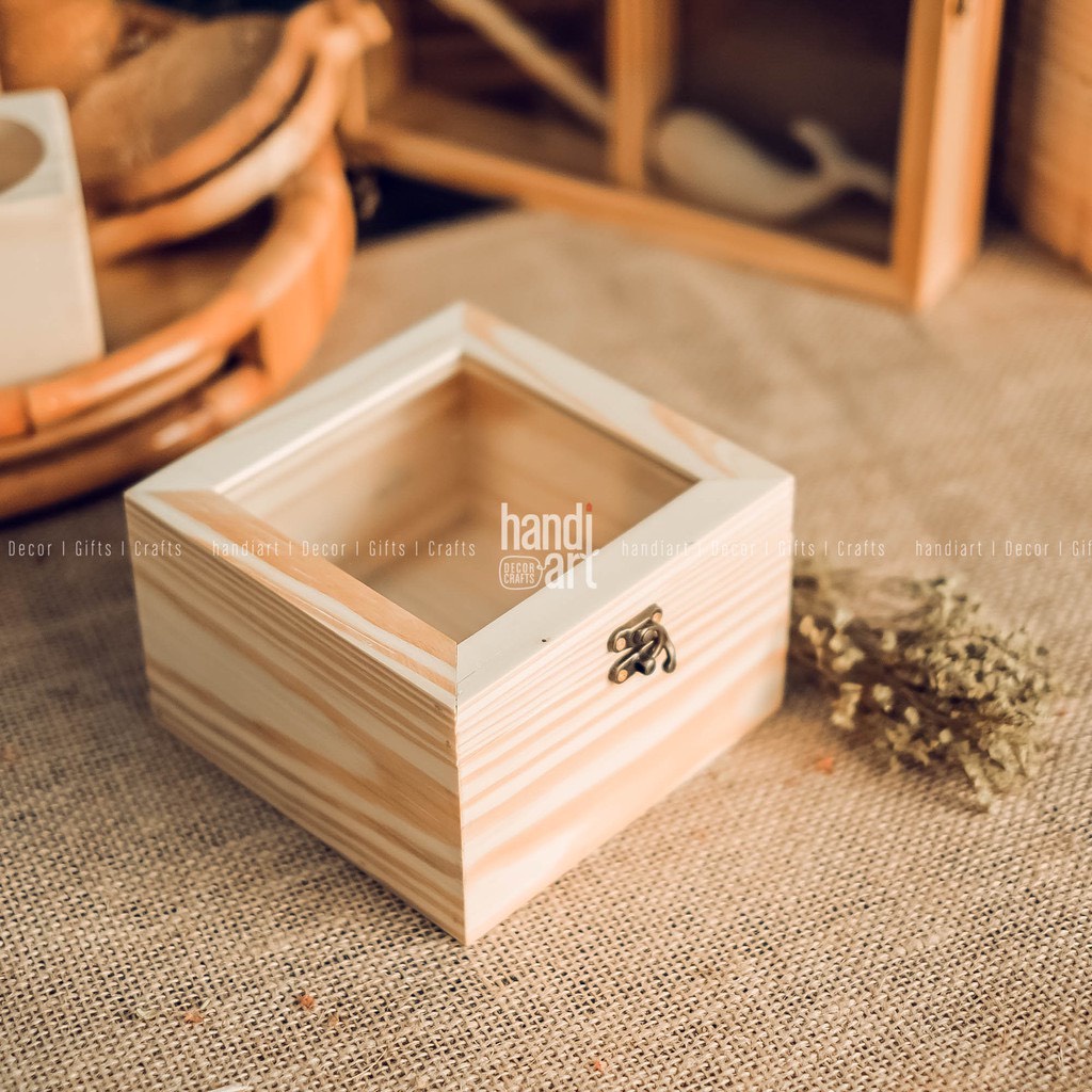 Hộp gỗ vuông nắp mica kính, Hộp gỗ đa năng làm bằng gỗ thông tự nhien giá xưởng
