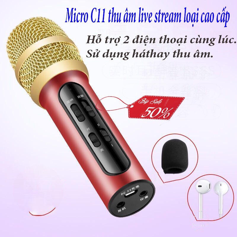 Micro C11 Thu Âm Hát Livestream ⚡BẢO HÀNH 6 THÁNG⚡ Âm Thanh Cực Hay Tích Hợp Pin, NHỏ Gọn + TẶNG KÈM 01 TAI NGHE
