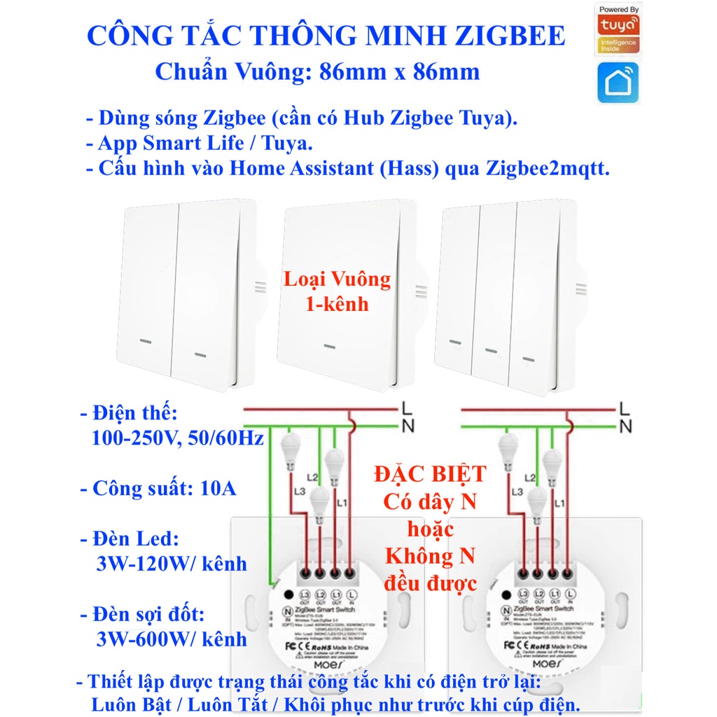 Công tắc thông minh hệ Tuya, Zigbee, chuẩn vuông Châu Âu 86x86, App Smart Life/ Tuya/ Home Assistant (Hass)-