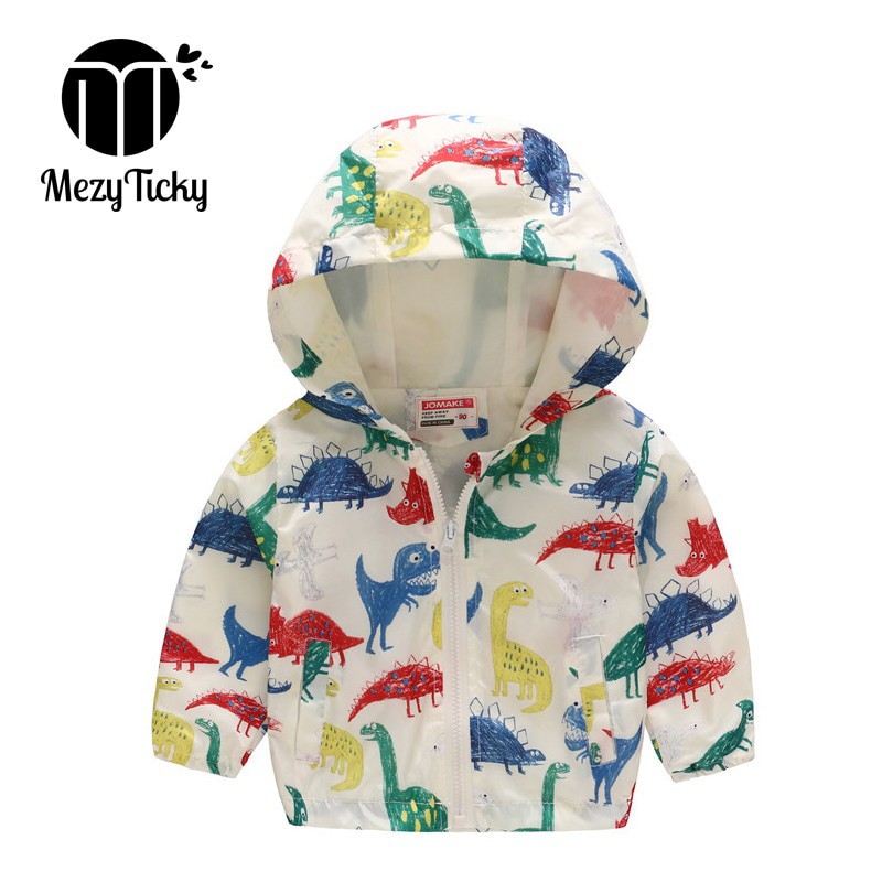 Áo khoác MezyTicky có dây kéo in hình khủng long không thấm nước năng động có mũ trùm đầu mỏng cho bé gái