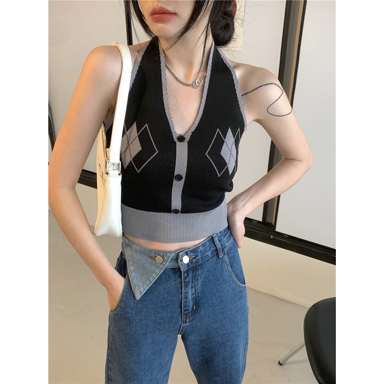 Cocory vn Áo Dệt Kim Hai Dây Ôm Dáng Họa Tiết Kẻ Sọc Caro Màu Tương Phản Quyến Rũ Thời Trang Cho Nữ