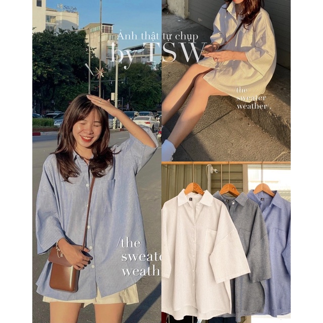 Áo sơ mi nữ tay lỡ chất thô mềm form oversize hoạ tiết kẻ sọc ver2 - The Sweater Weather