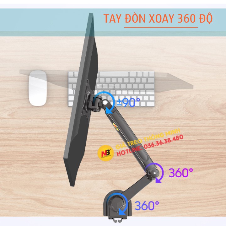Giá Treo Màn Hình NB H80 17 - 27 Inch - Tay Treo Màn Hình Máy Tính Gắn Bàn Xoay 360 Độ