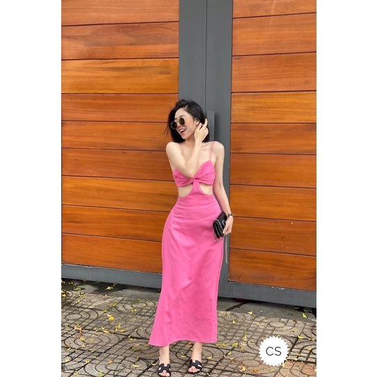 Đầm dây dáng dài cut eo hồng trendy